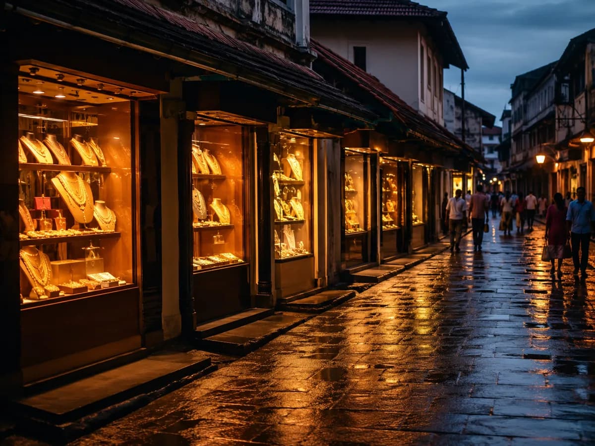 Lit jewellery shop windows along a wet street at dusk