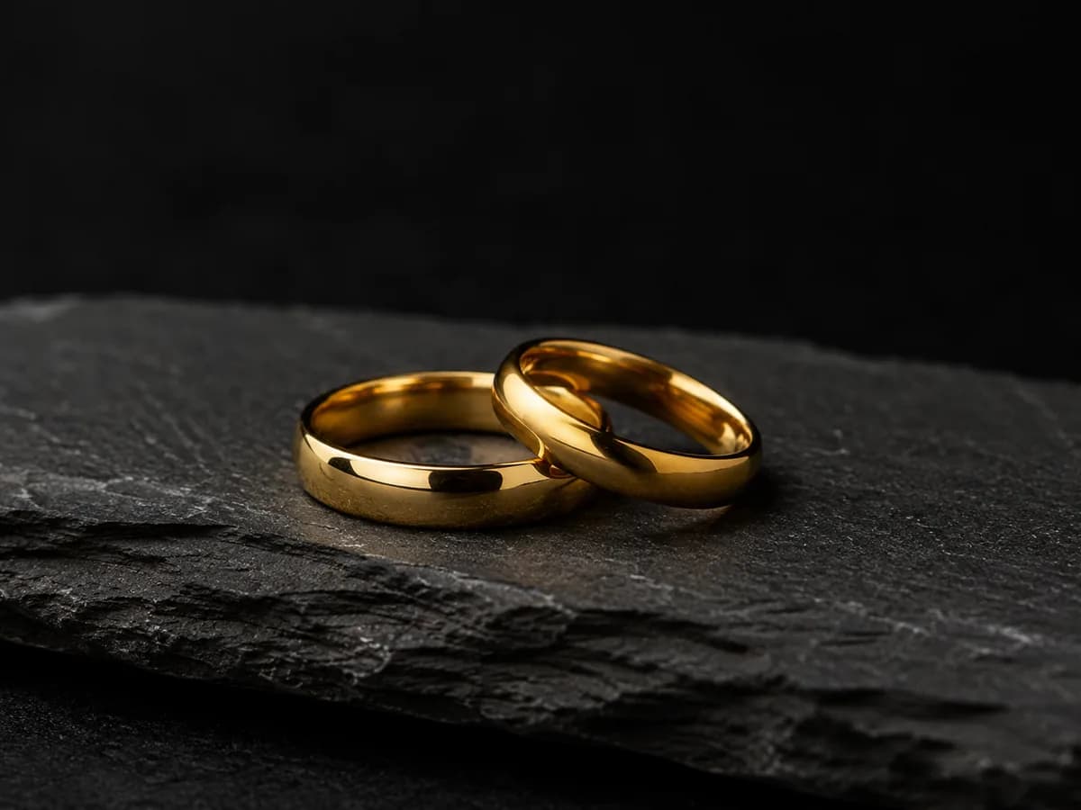 Two polished gold wedding bands resting on dark slate