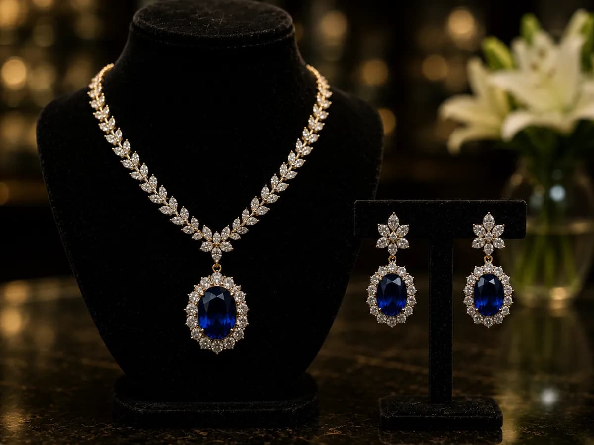 Sapphire and diamond necklace with matching earrings displayed on black velvet stands
