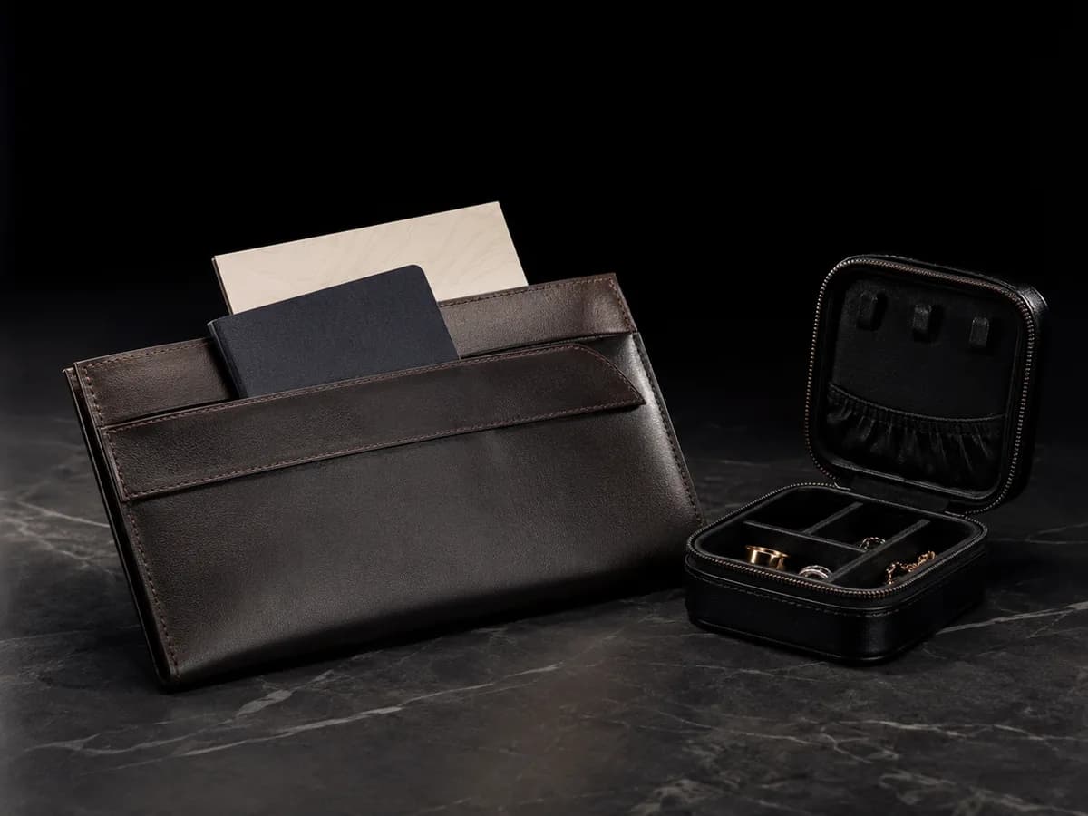 A leather travel wallet with documents beside a small zipped jewellery case