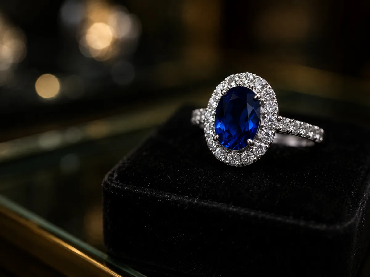 Blue sapphire and diamond halo ring presented on a black velvet box