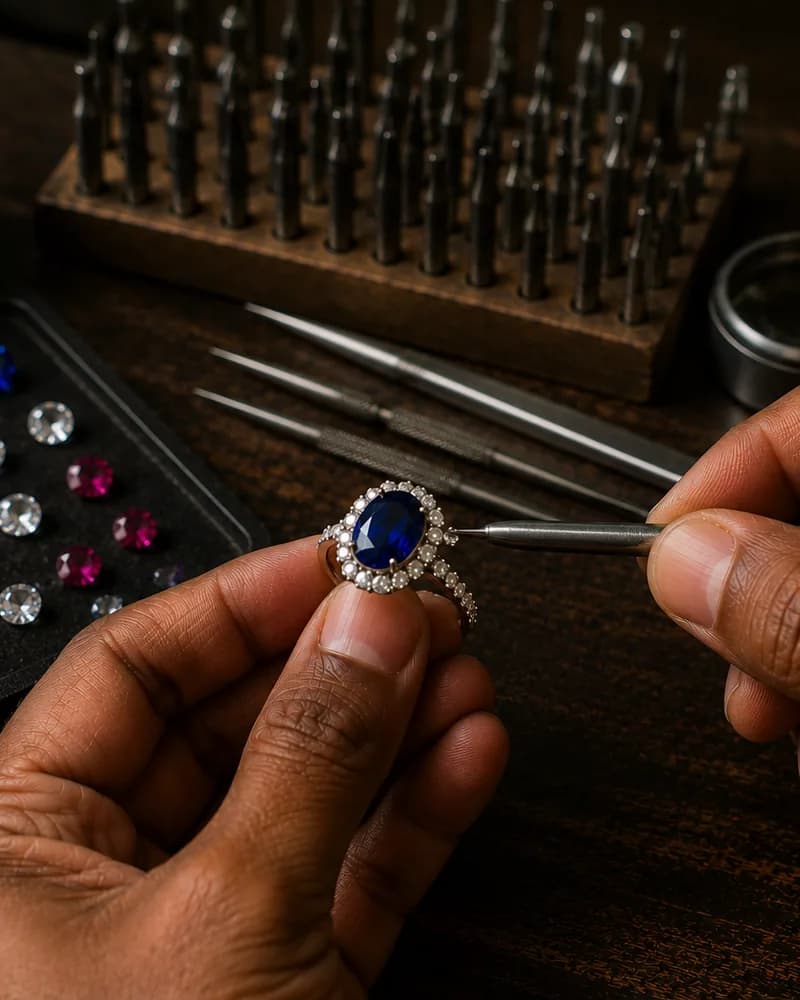 Goldsmith working on a sapphire ring with a setting tool at the bench