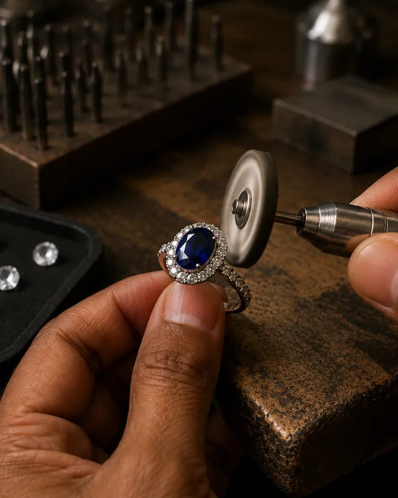 A sapphire ring being polished on a small workshop polishing wheel