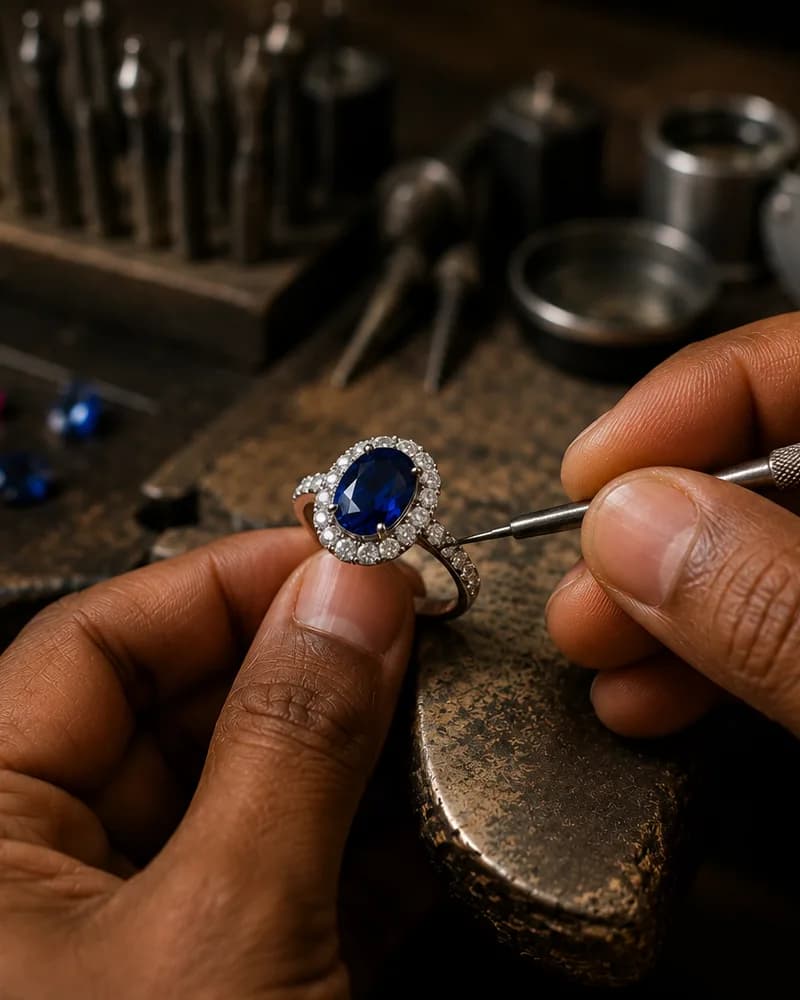 Stone setter securing a sapphire halo ring with a graver