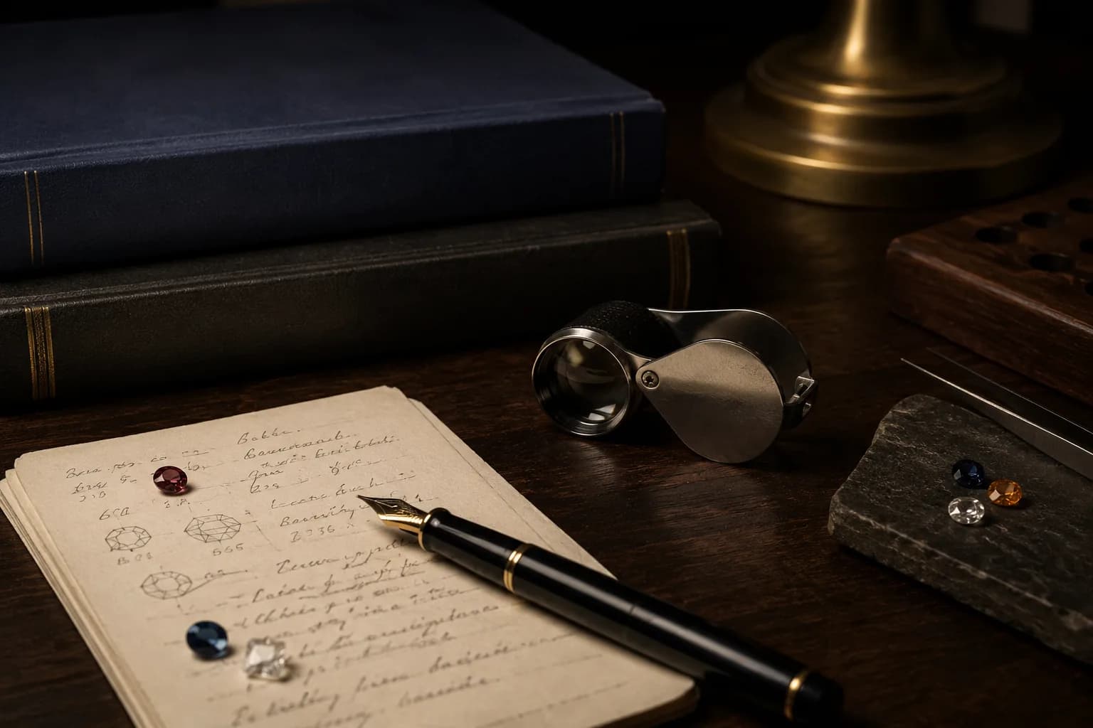 Reference books, a jeweller’s loupe, handwritten notes and loose gemstones on an editor’s desk in low light