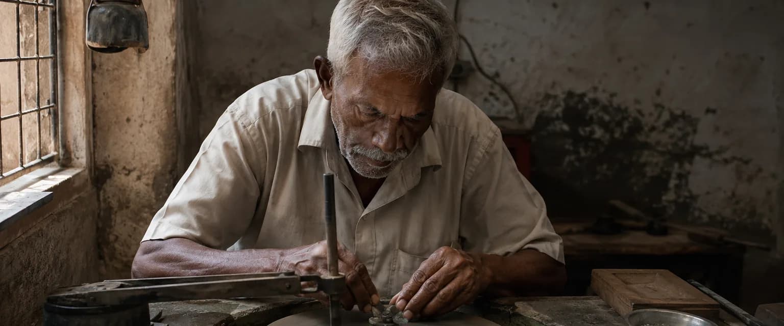 An elderly gem cutter shaping stones at a traditional lapidary wheel by window light