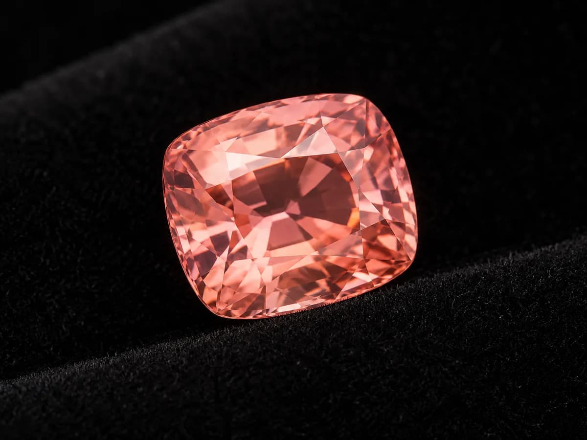A cushion-cut padparadscha sapphire with pink-orange colour resting on black velvet