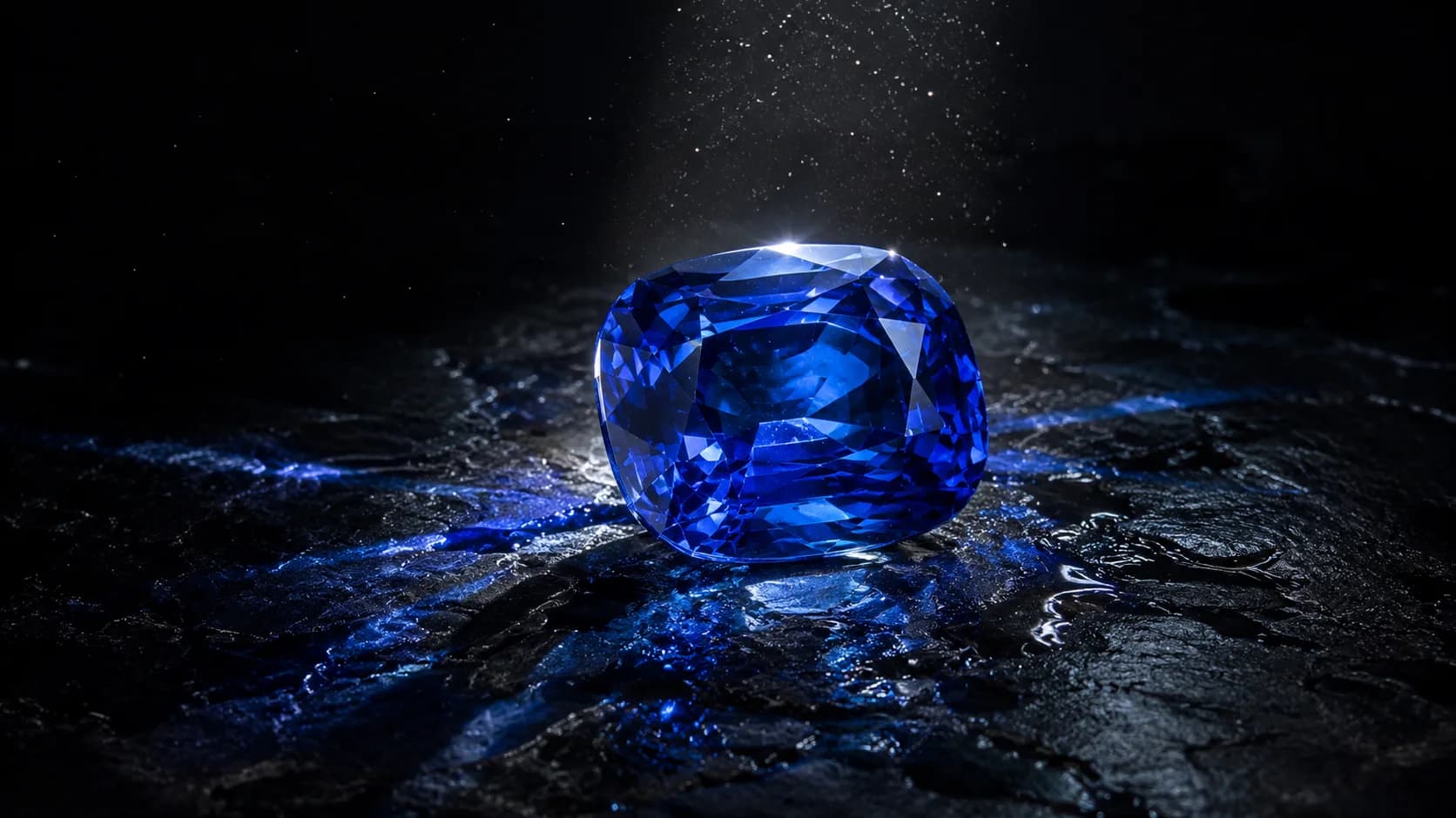 A large cushion-cut royal-blue Ceylon sapphire on wet black slate under a single beam of light, blue reflections scattering across the dark surface