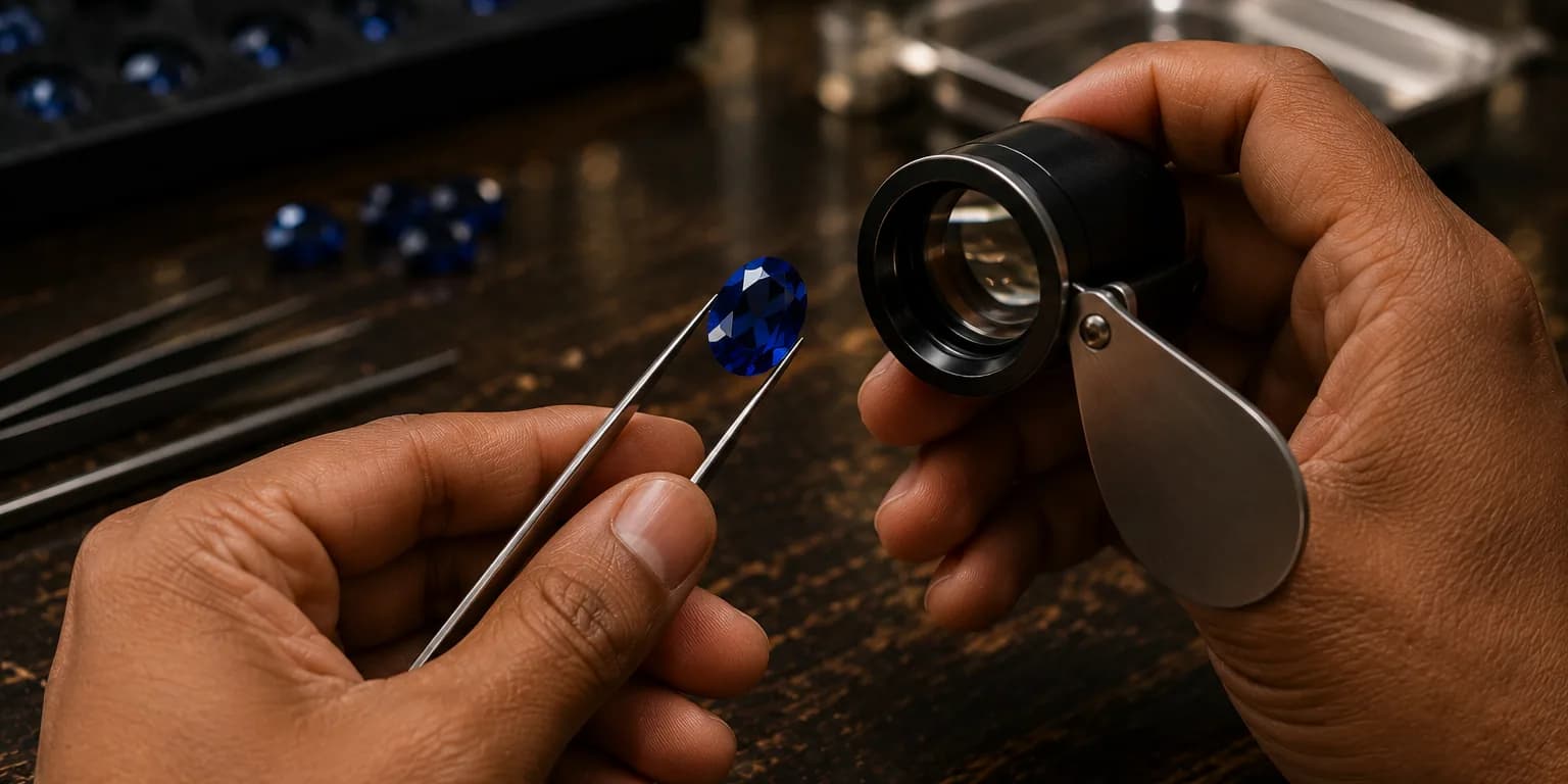 Buyer examining a blue sapphire with tweezers and a jeweller’s loupe
