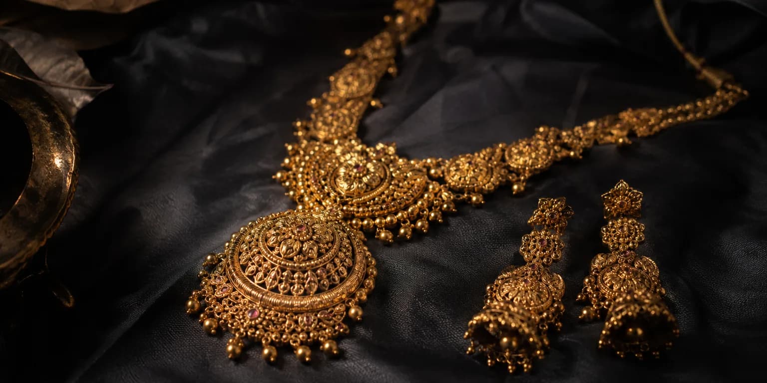 Traditional Sri Lankan gold bridal jewellery: an ornate 22K-style necklace and matching earrings on dark silk