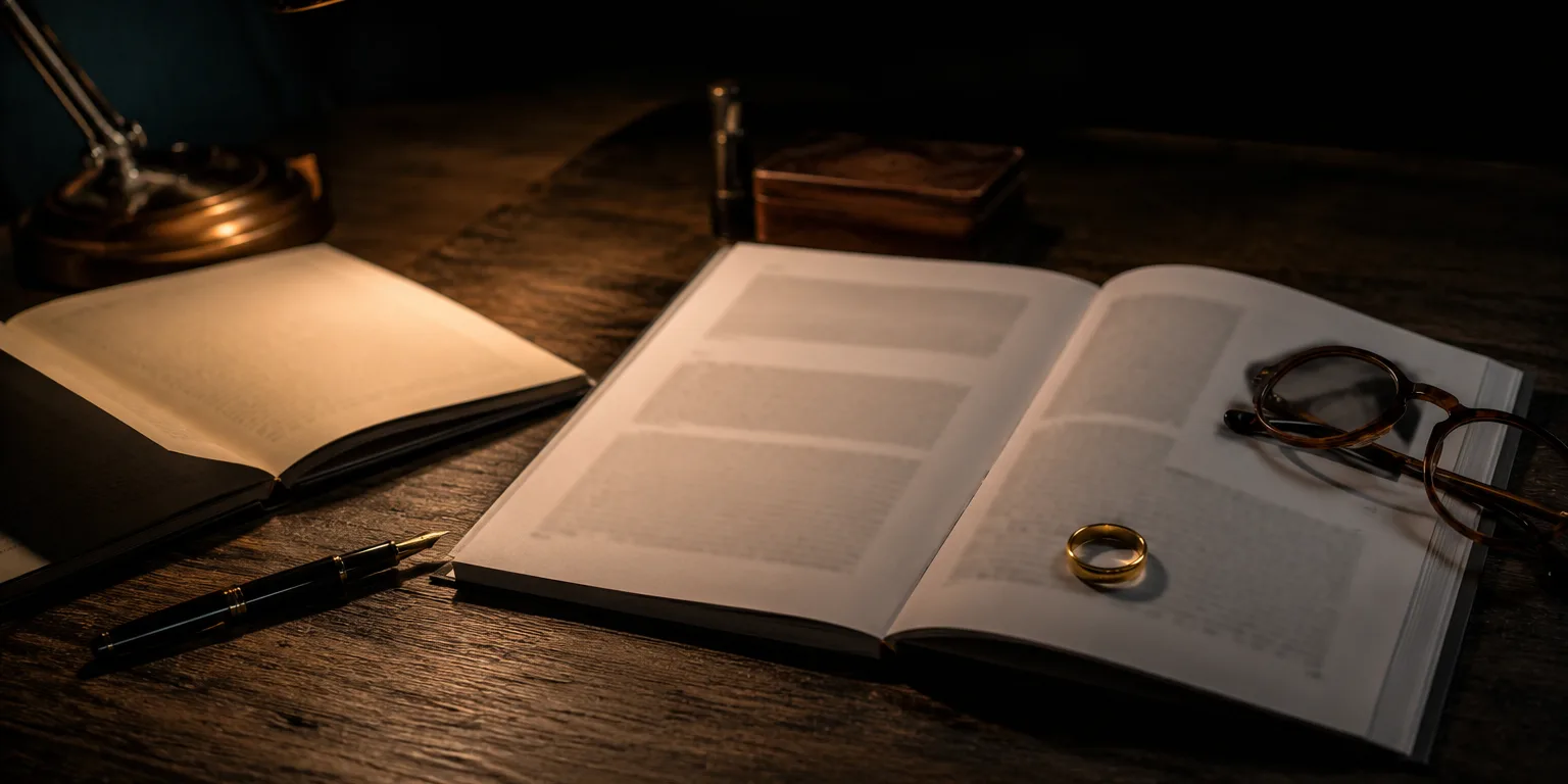 Open journal with a gold ring and reading glasses on its pages, warm lamp light on a dark desk