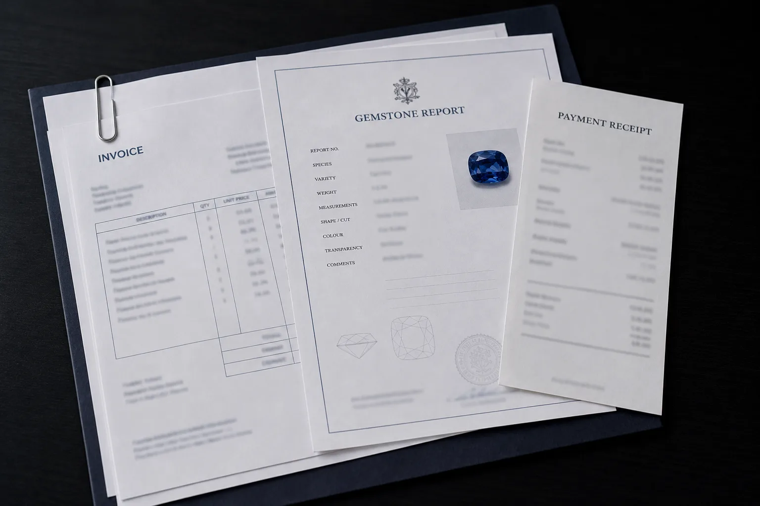 Generic unreadable invoice, gemstone report and payment receipt clipped together as one declaration file on a dark folder