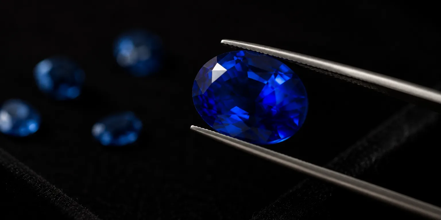 Large oval royal-blue sapphire held in steel tweezers above black velvet, smaller sapphires blurred behind